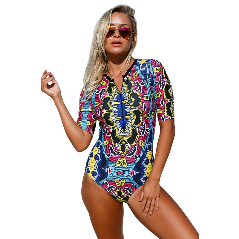 Women Sexy Swimwear Summer Floral Printed Zip Front Closure Half Sleeve One Piece Bodysuit Monokini Swimsuit S M L XL XXL
