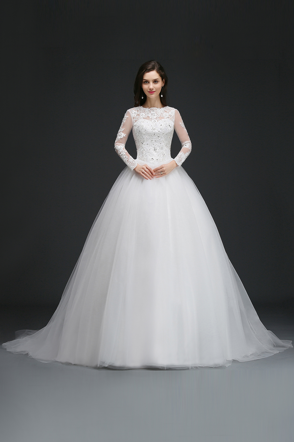 Stock Ball Gown Dresses Long Sleeves Sheer Jewel Neck Dubai Wedding Gowns With Appliques Crystal Sexy Backless Vestido De Novia Best 6660311