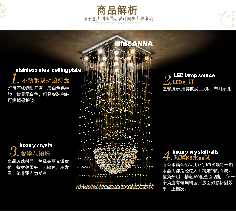 LED Modern Crystal Chandeliers Square K9 Crystal Chandelier Lights Fixture Home Indoor Lighting Hotel Hall Lobby Stair Long Hanging Lamps