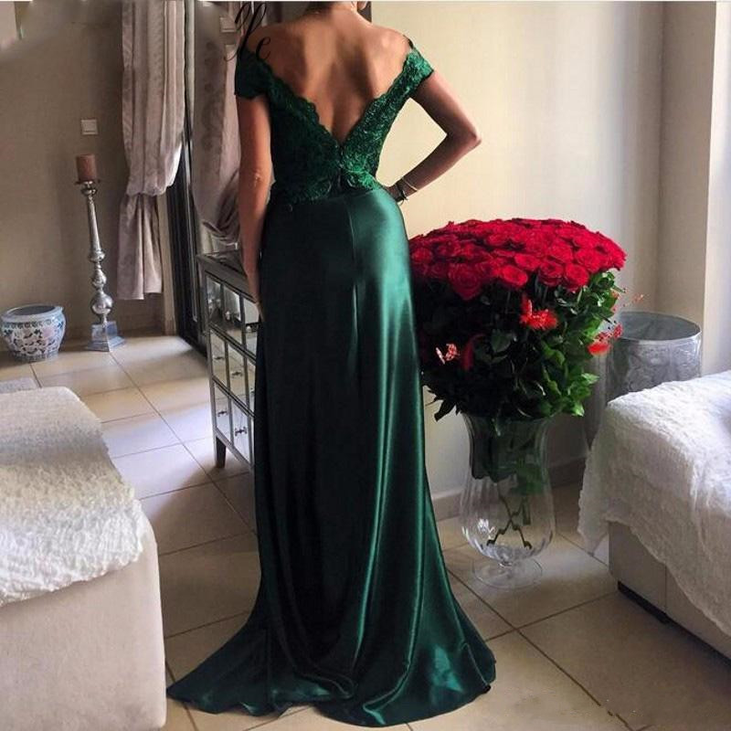 Emerald Green High Split Sexy Prom Dresses New Arrival Off The Shoulder A Line Vintage Lace Top Red Carpet Evening Gowns Ba4296