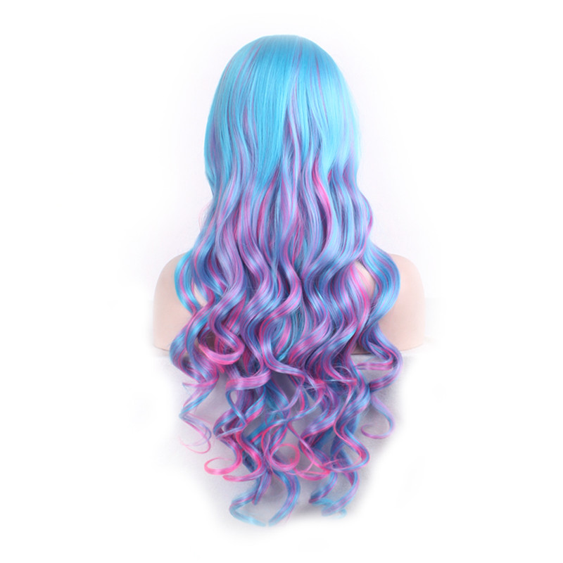 WoodFestival long curly wig ombre synthetic fiber hair wigs blue pink mix color lolita wig cosplay women bangs 80cm