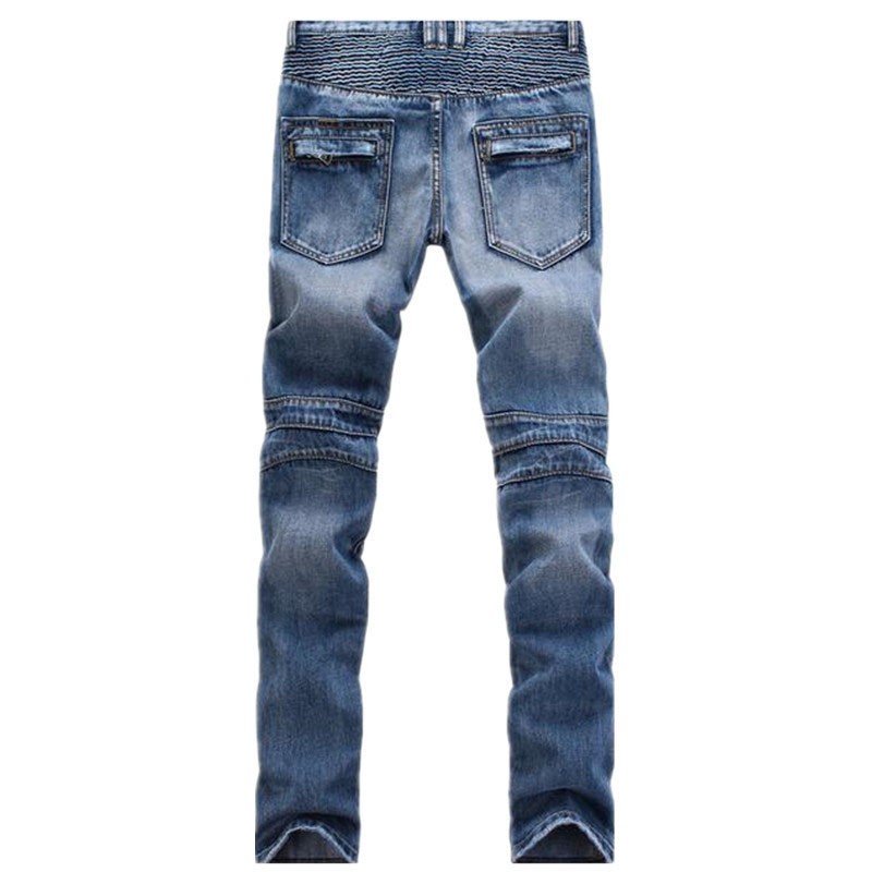 Men's Jeans Wholesale- Men's Fashion High Quality Ripped Biker Men Distressed Moto Denim Joggers Washed Pleated Pants Black Blue
