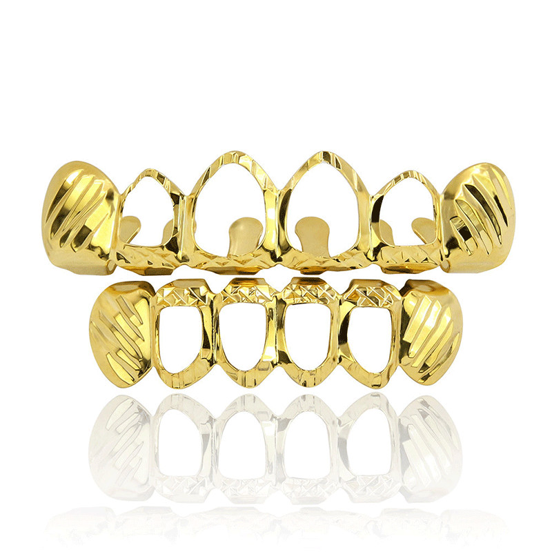 New Gold Silver Hollow Open Dlampnd Cut 6 Tooth Top Bottom Grills Teeth Caps Tooth HipHop GRILLZ Set Party Jewelry