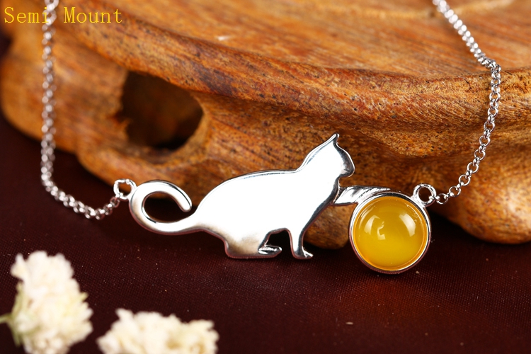 Fine Silver 925 Sterling Silver Pendant Necklace Charm Popular Fine Jewelry 9x9mm Round Cabochon Amber Agate Opal Setting