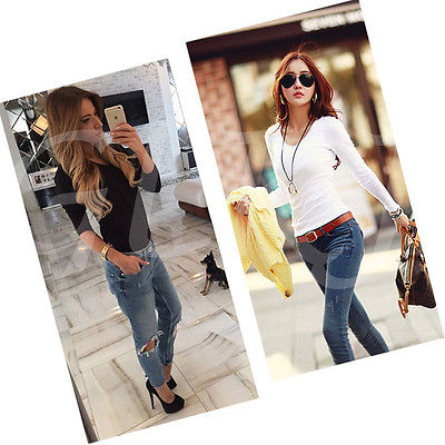 Wholesale- Women Basic Plain Round Crew Neck Tee Shirts Stretch Long Sleeve Top T-Shirts