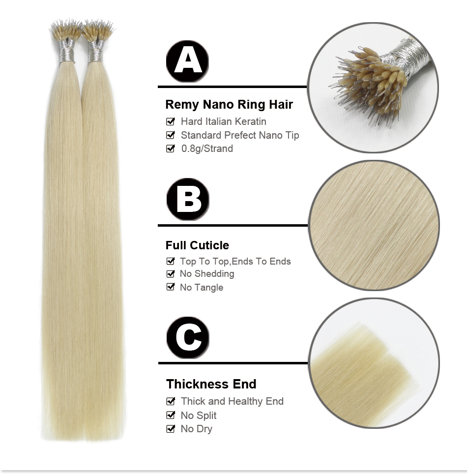 16inch24inch nano ring human hair extensions 80g pack 0 8g s 200s lot color 613 nano tip indian remy hair nano rings hair