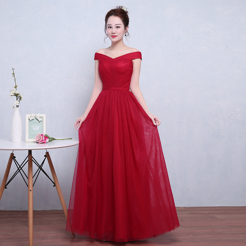 Elegant Burgundy Red Long Tulle Pleat Evening Dresses vestido longo festa Women dresses Off the Shoulder Formal Gowns Prom Dresses soiree