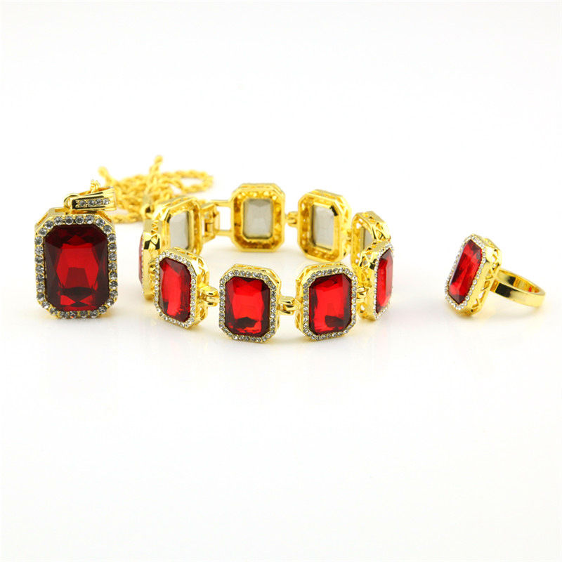 3pcs Gold Plated Hip Hop CZ Red Ruby 24inch Rope Chain Combo Set of Necklace Bracelet Ring Men's Fashion Jewelry Gifts