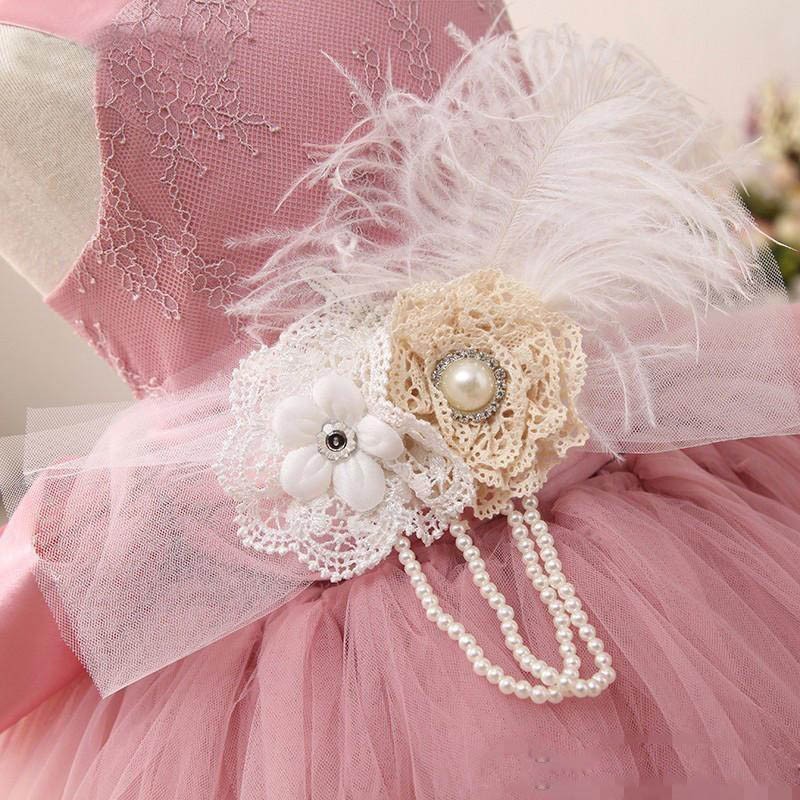 Blush Pink Lace Flower Girl Dresses Special Occasion For Weddings Feather Kids Pageant Gowns Ball Gown Tulle First Communion Dress