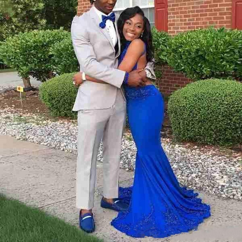 Fashion Couple Fashion Royal Blue Prom Dresses Mermaid Halter Neck Beaded Appliques Sweep Train Evening Red Carpet Gowns