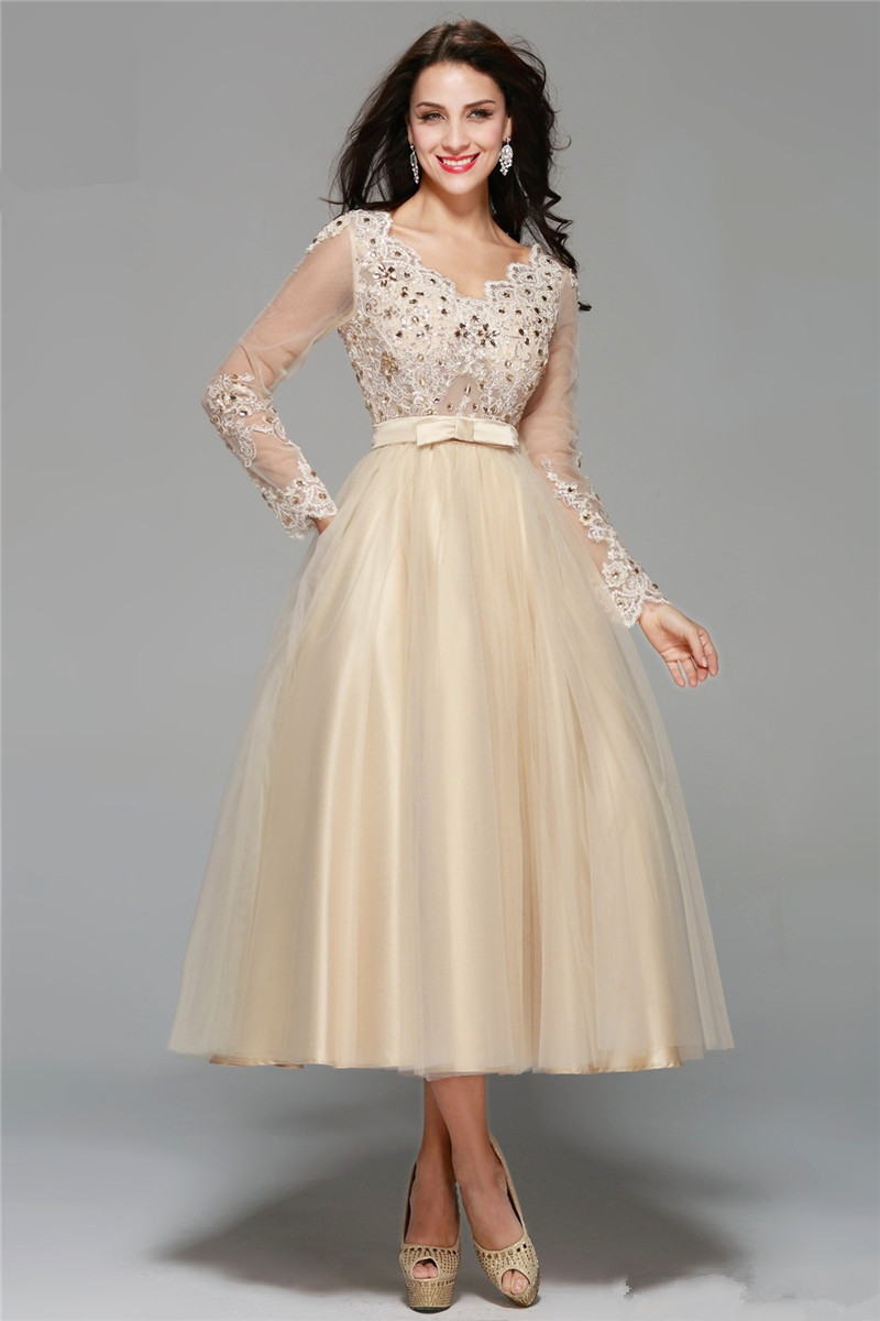 2017 Fashion Crystal Lace V-Neck Backless A-Line Formal Evening Dresses With Appliques Tea-Length Plus Size Prom Party Celebrity Gowns BE11
