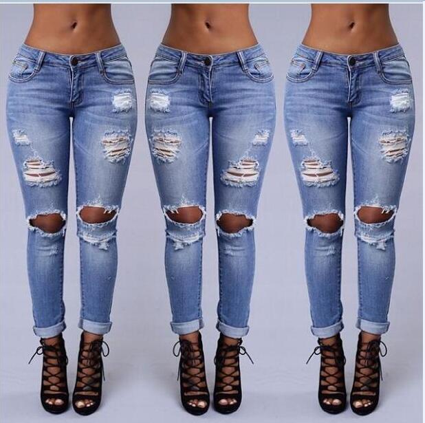 Wholesale- Boyfriend Hole Ripped Women Cool Denim Vintage Straight For Girl High Waist Casual Pants Female Slim Jeans Free shipping