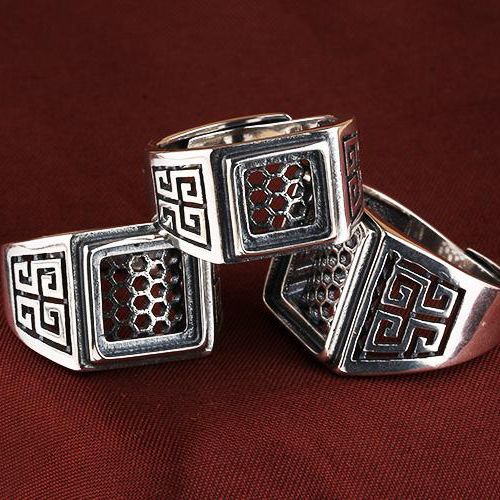 Fine Silver Art Nouveau 925 Sterling Silver Men Ring 9x9 /14x14 / 16x16mm Princess Cabochon Generous Jewelry Setting