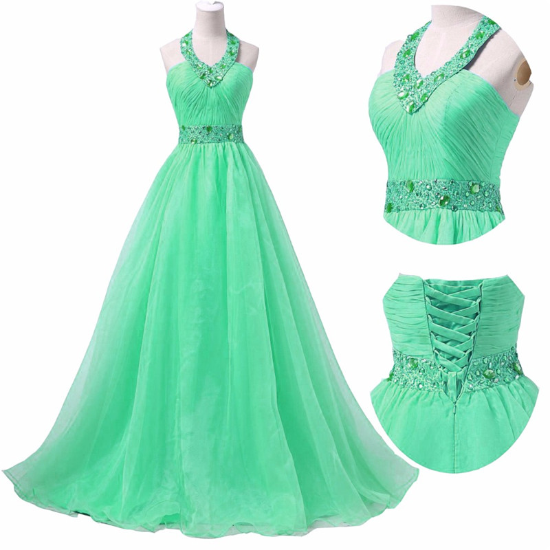 2017 Sexy Halter Crystal A-Line Formal Evening Dresses With Beading Sequined Organza Floor-Length Plus Size Prom Party Celebrity Gowns BE23