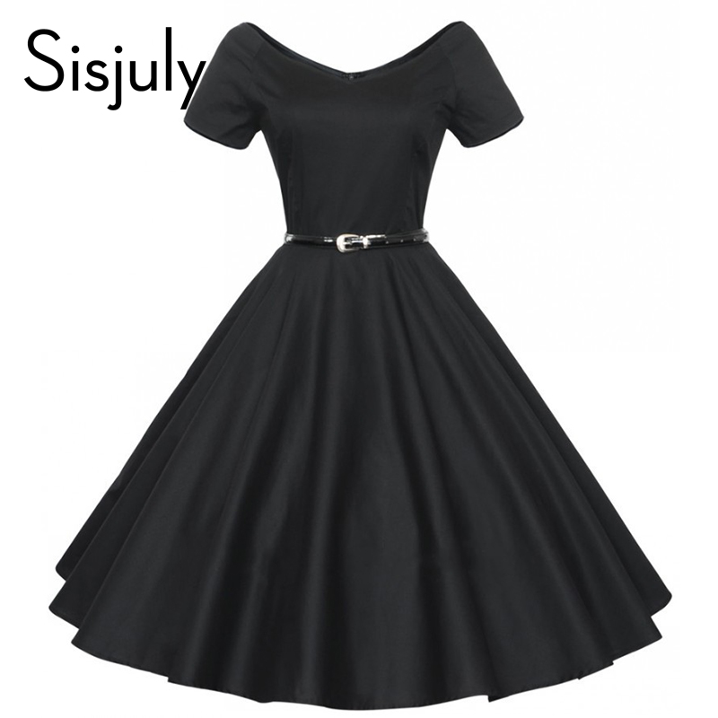 

Wholesale- Sisjuly vintage autumn dress a line solid women party dress with sashes and short sleeve retro 1950s rockabilly vintage dresses, Black