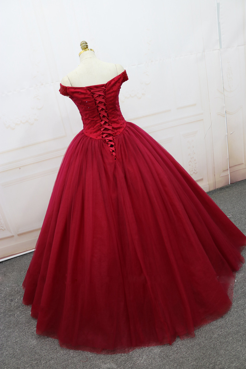 Sparkling Quinceanera Dresses Ball Gown Dark Red Evening Dress Lace-up Back Pleats Tulle Sweep Train quinceanera dresses