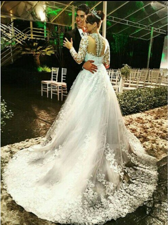 Ball Gown Sheer Long Sleeve Wedding Dresses Lace Applique Beaded V-neck Bridal Gowns Chapel Train Vestido De Casamento Actual Image