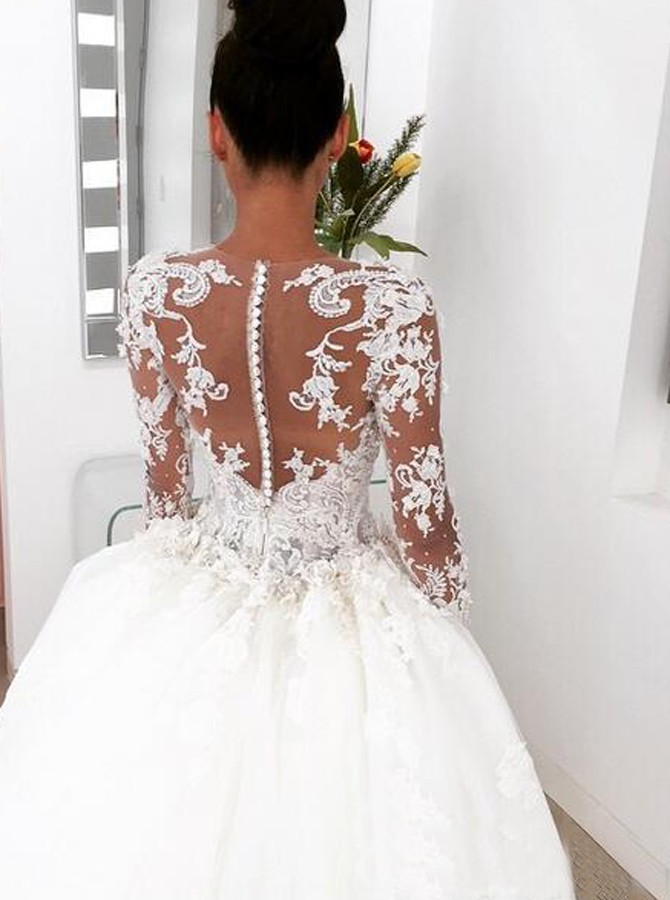 Jewel Illusion Neck Long Sleeves Mermaid Wedding Dresses with Detachable Train Lace Applique Beaded Sheer Backless Trumpet Bridal Gowns