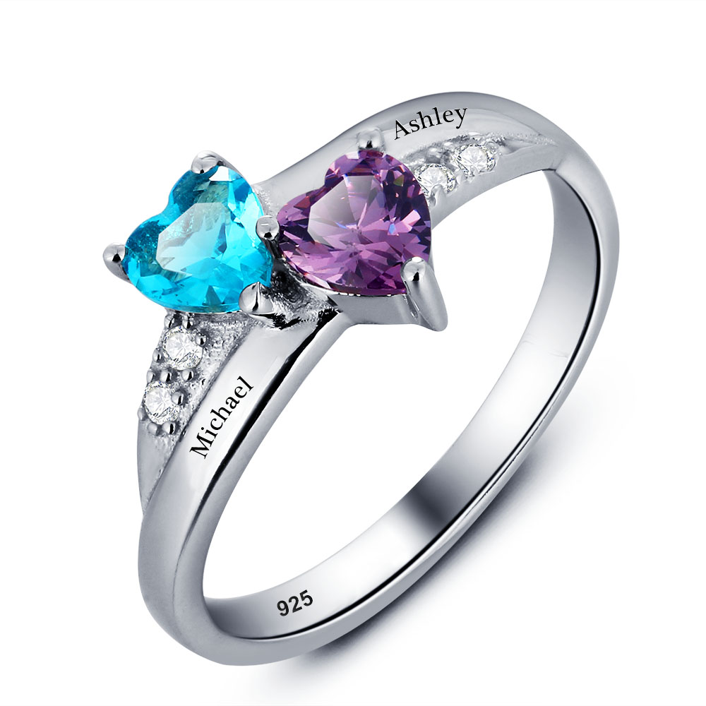 yizhan Birthday Gift Customized & Personalized Birthstone Rings Free Engraved Promise Heart Rings For Her 925 Sterling Silver Name Ring