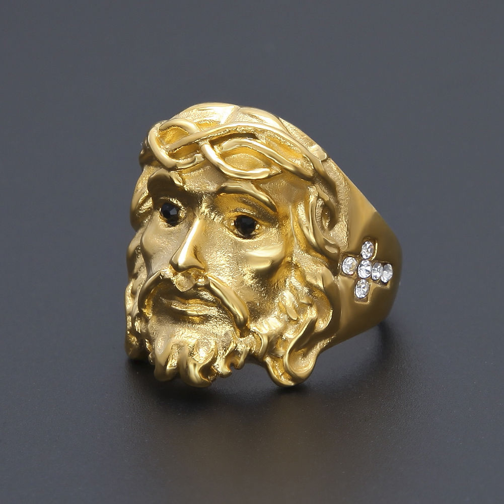 Men Hip Hop Ring Color Retaining Jesus Cross CZ Jesus Head Ring Gold Plated stainless steel Simulate Dimond Iced out Rings