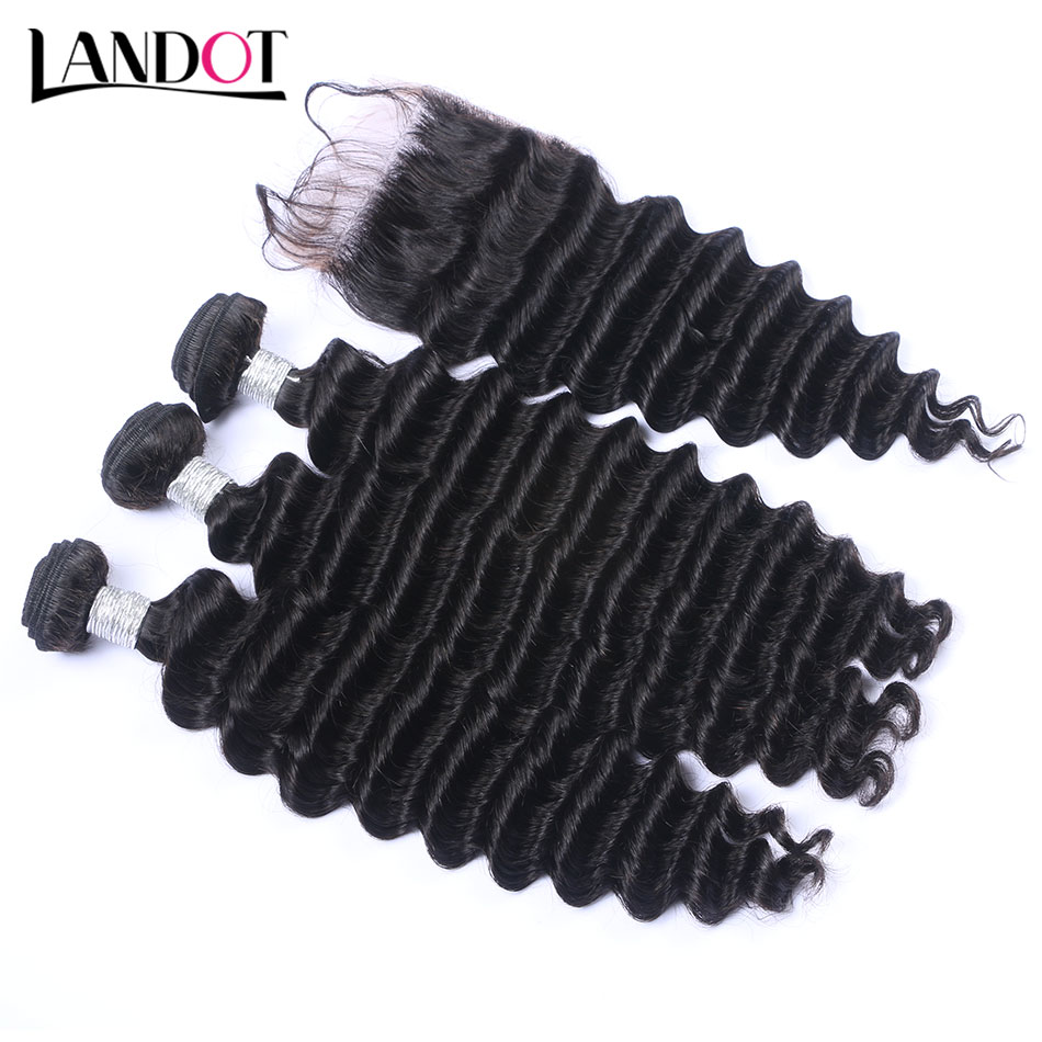 Peruvian Malaysian Brazilian Virgin Hair Weaves 3 Bundles with Top Lace Closure Deep Wave Curly 8A Indian Cambodian Remy Human Hair Closures