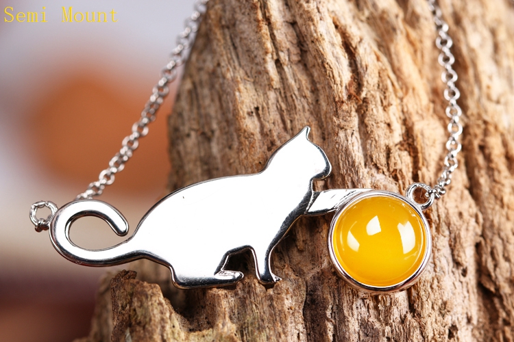 Fine Silver 925 Sterling Silver Pendant Necklace Charm Popular Fine Jewelry 9x9mm Round Cabochon Amber Agate Opal Setting