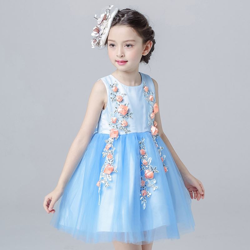 summer 2017 New Princess birthday party Dress 4-12T Blue Color Flower Girls Dress For Wedding Children's Clothing for Teenager Girls