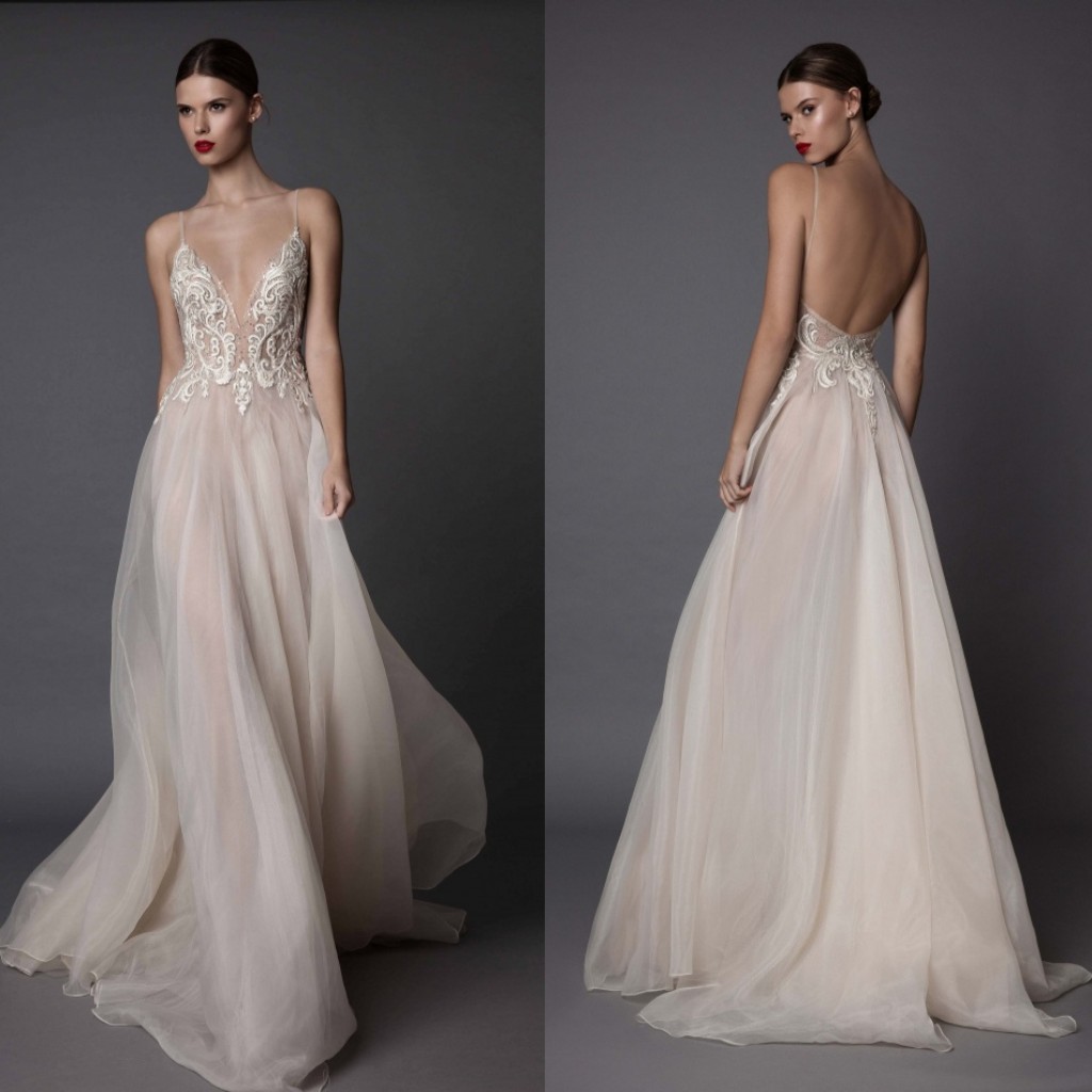 Real Image Berta Wedding Dresses Spaghetti Neckline Appliques Sequins Wedding Gowns Backless Floor Length Plus Size Wedding Dress