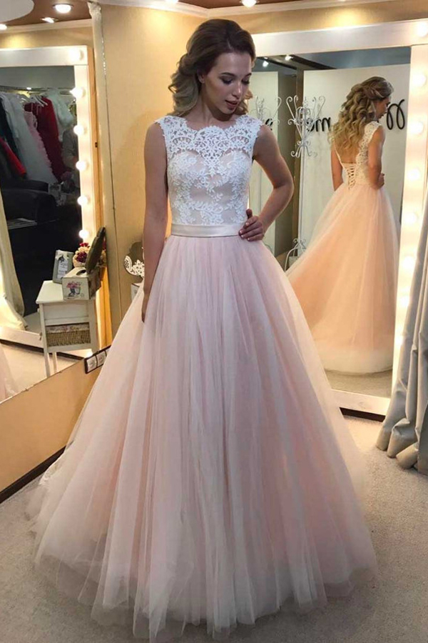 Lace Pink and White Wedding Dress A-line Lace-up Backless Sweep Train Tulle Vintage Garden Wedding Bridal Gowns