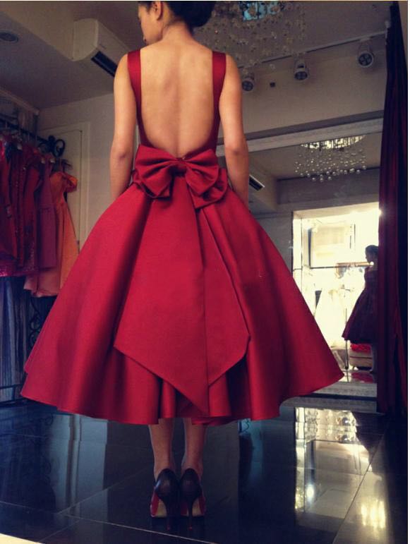 2023 Red Tea Length Satin Prom Dress Open Back With Bow Plus Size Square Neck A-line Straps Formal Evening Gowns Custom Made