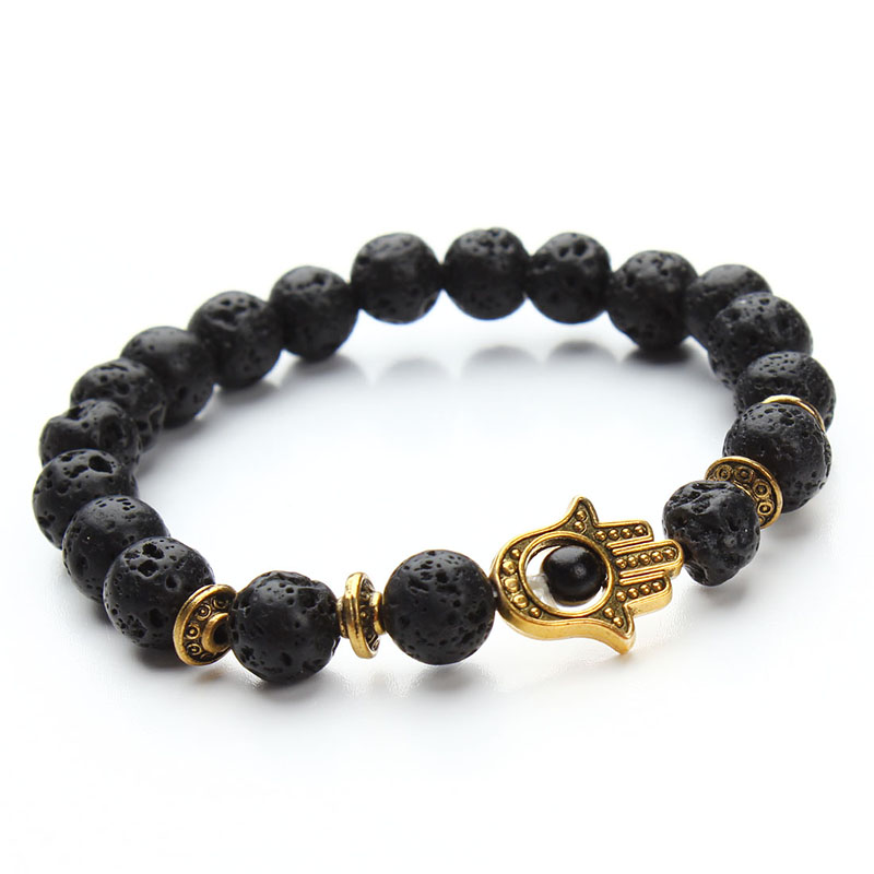 Wholesale-Drop Shipping!!! 8mm Natural Black Lava Energy Stone Beads Bracelet Gold Hamsa Hand Charm Bracelet Yoga Mala Bracelets F2830