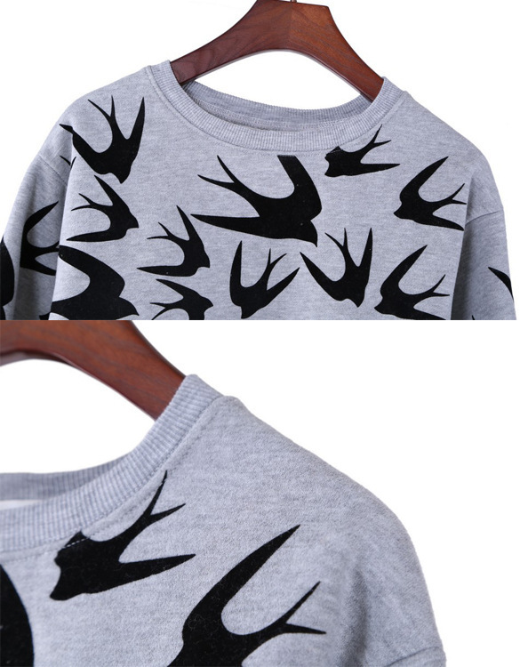 Wholesale- Style Women Winter Autumn Swallow Pattern Sweatshirt Pullover Long Sleeve Loose Ju