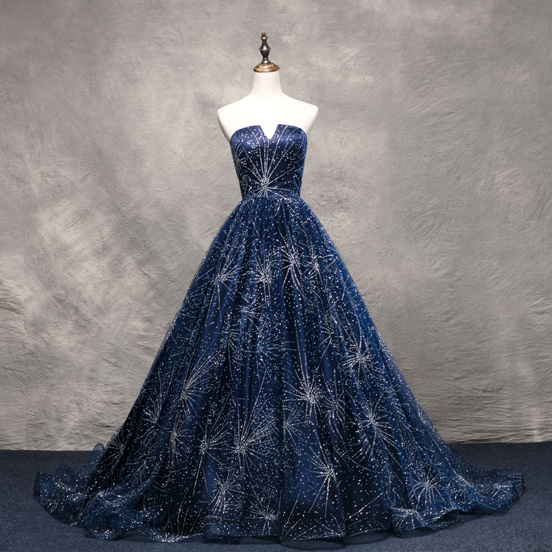 Stunning Navy Blue Ball Gown Prom Dresses COurt train Starpless Sparkling Beading Long Evening Gowns Lace-up/Zipper Back Runway Dress