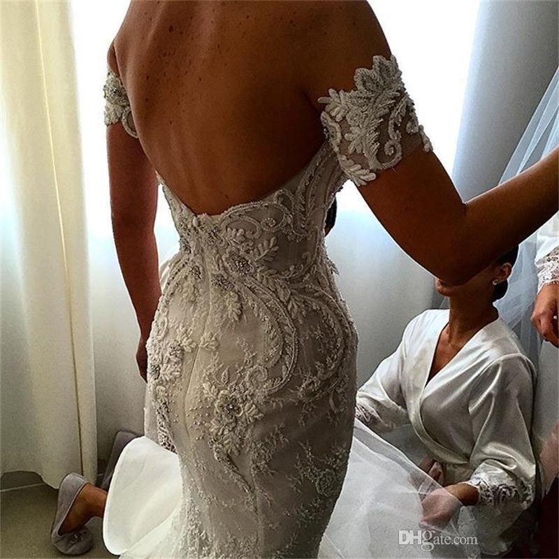 Sexy Lace Wedding Dresses With Removable Tulle Overskirt Mermaid Backless Off The Shoulder Bridal Gowns Long Train