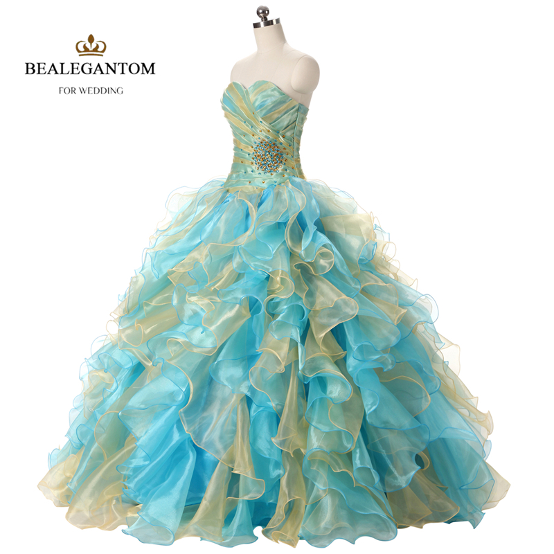 Real Photo Sexy Mint Blue and Gold Quinceanera Dresses 2021 Ball Gown With Ruffle Sequins Sweet 16 Prom Pageant Party Gowns QC121