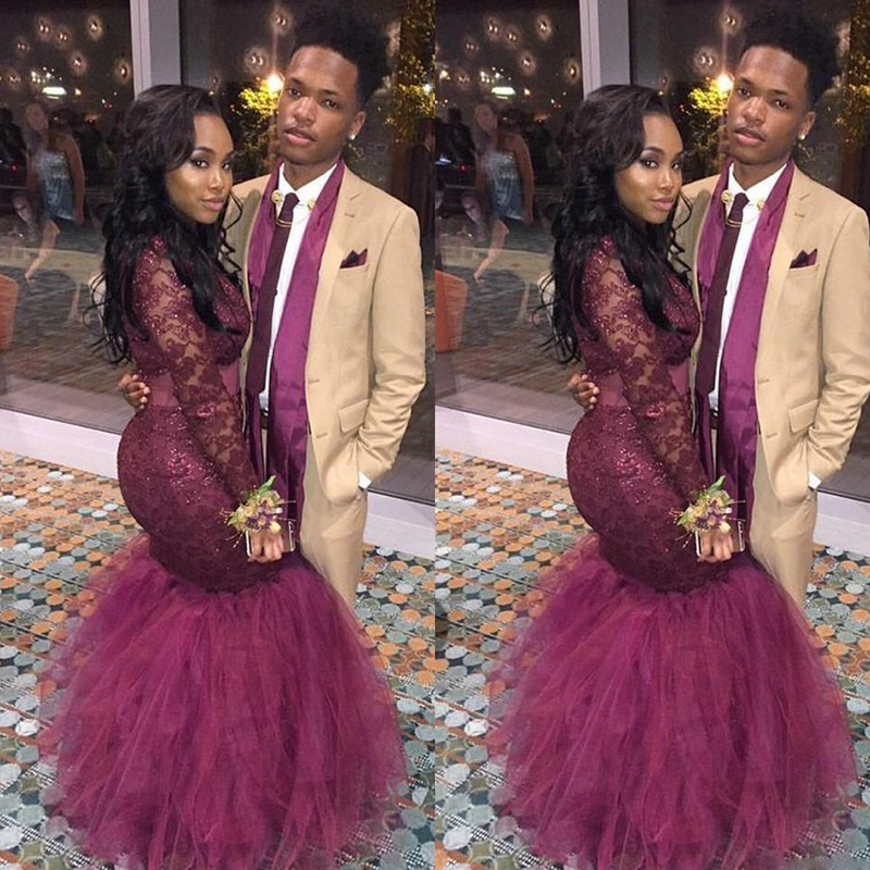 Cheap Burgundy Mermaid Sexy Black Girl Prom Dress Long Sleeve South Africa Evening Party Gown Custom Made Plus Size
