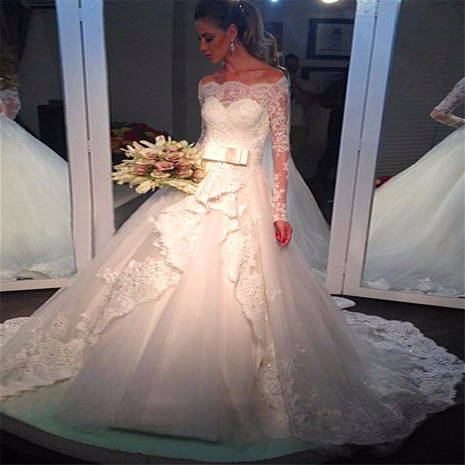 Long Sleeve Lace Wedding Dress Bateau collar Sashes Appliqued Custom Off the Shoulder Bridal Gowns Ball Gown Illusion Back, White
Long Sleeve Lace Wedding Dress Bateau collar Sashes Appliqued Custom Off the Shoulder Bridal Gowns Ball Gown Illusion Back, White