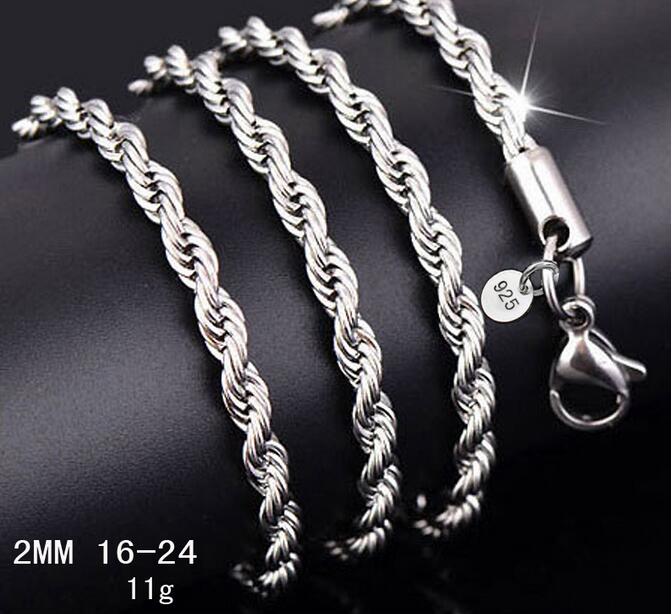 Silver Chain Necklace Women Man necklace 16-24 inch 2mm Rope Chain 925 jewelry findings accesory 925 G215