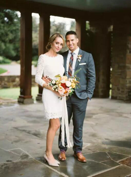 Spring 2020 Short Wedding Dresses Jewel Neck 3 / 4 Length Sleeves Fitted Full Lace Petite Bride Beach Country Wedding Reception Dresses