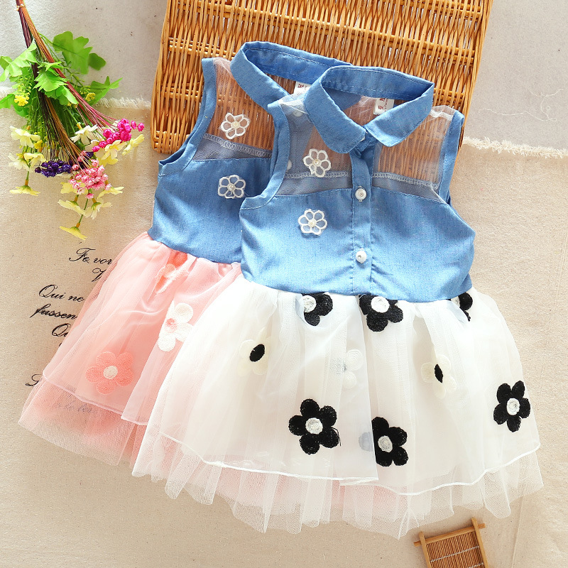 Wholesale- New Clothing Princess Baby Girl's Kids Denim Sleeveless Tops Tulle Tutu Mini Dress X16