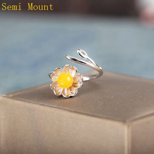 Real Sterling Silver 925 Plated White Gold Semi Mount Flower Women Ring for Pearl or Round Bead 6-8mm Fine Jewelry Setting Adjustable