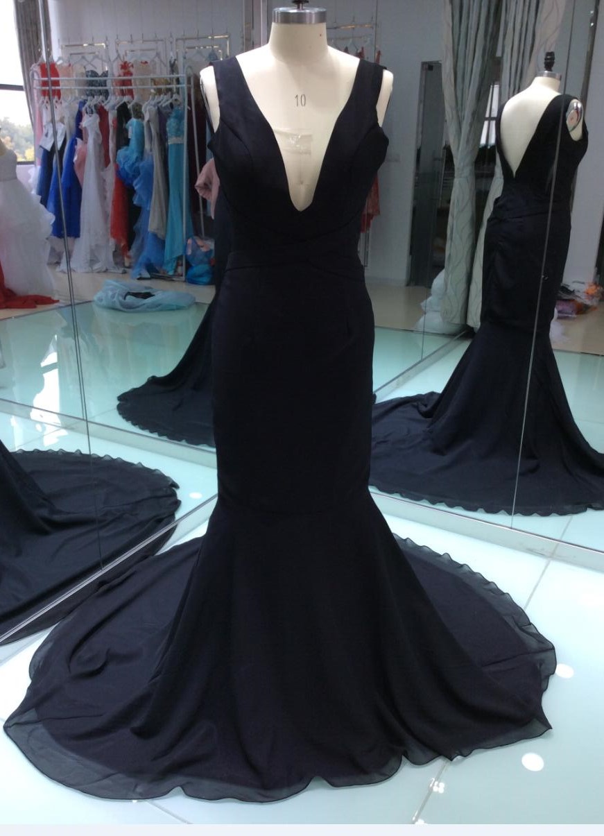 Free Shipping Sexy Black V Neck Evening Dress Long Chiffon Formal Party Gown Cheap US Size 8 10 12