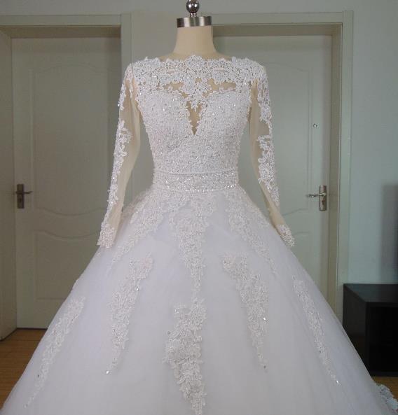 Vintage Sheer Back Long Sleeves Wedding Dress Pearls Lace Appliques Ball Gown Bridal Gowns Vestido de noiva Casamento