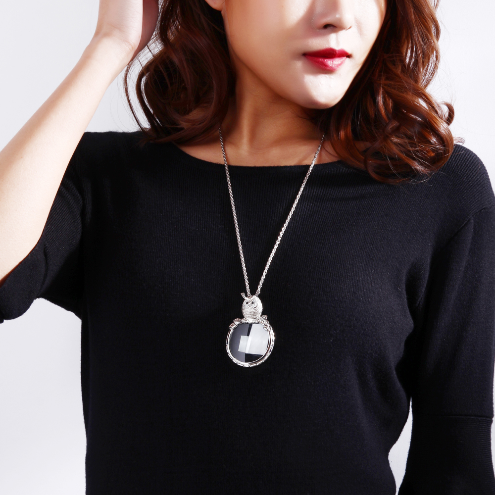 Magnifying glass necklace for reading women's fashion Owl pendant necklace Rhodium plated with crystal Magnifier necklace