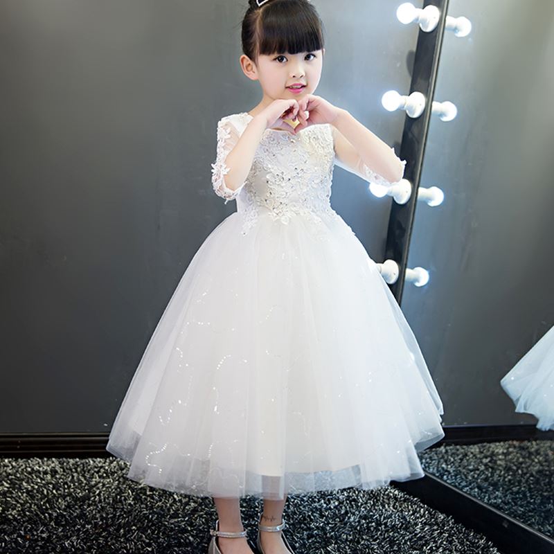Elegant Flower Girl White Lace Wedding Dress Sequin Appliques Party Tulle Princess Birthday Dress Half Sleeve First Communion Gown