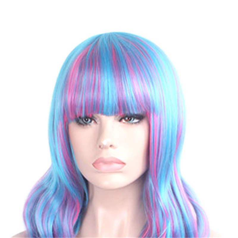 WoodFestival long curly wig ombre synthetic fiber hair wigs blue pink mix color lolita wig cosplay women bangs 80cm