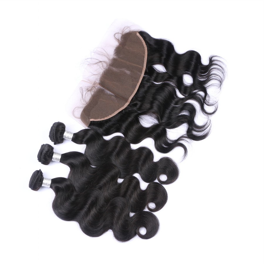 Body Wave Brazilian Human Virgin Remy Hair Lace Frontal With 3 Bundles 13X4 Ear To Ear Lace Frontal Human Hair Weaves Closure