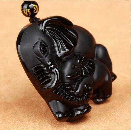 Black Obsidian Mother-Baby Elephant Pendant Necklace - Handcrafted Natural Stone Jewelry Charm for Women