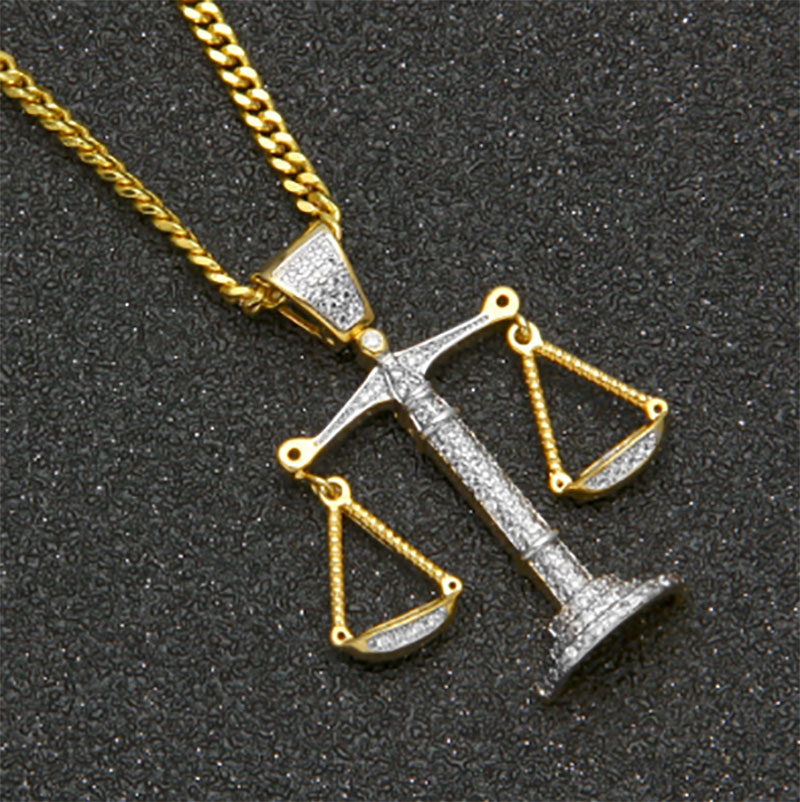 Mens Hip hop Iced Out Zircon Balance Pendant Necklace with 3mm 24inch Cuba Copper Chain Necklace Rapper Personalized Jewelry