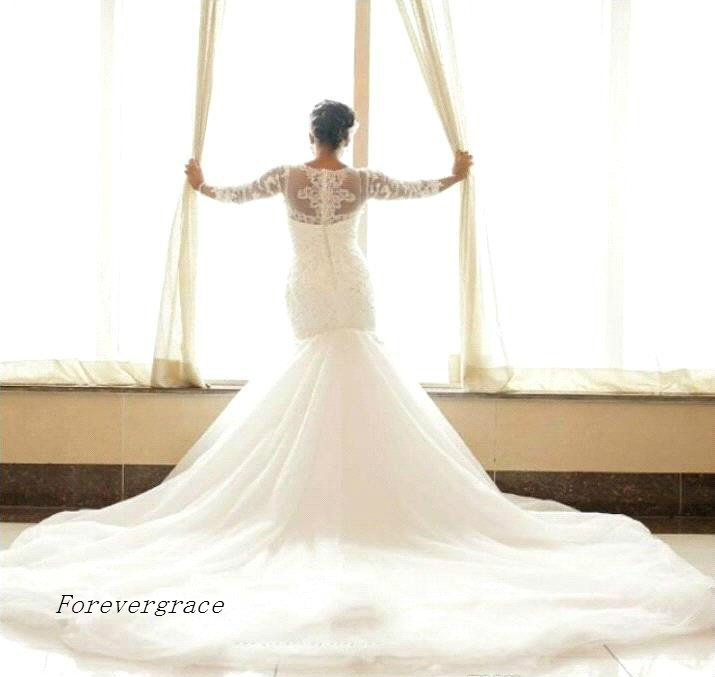 Vintage Saudi Arabia Dubai Mermaid Wedding Dress Sheer Lace Appliques Long Sleeves Garden Formal Bridal Gown Plus Size Custom Made